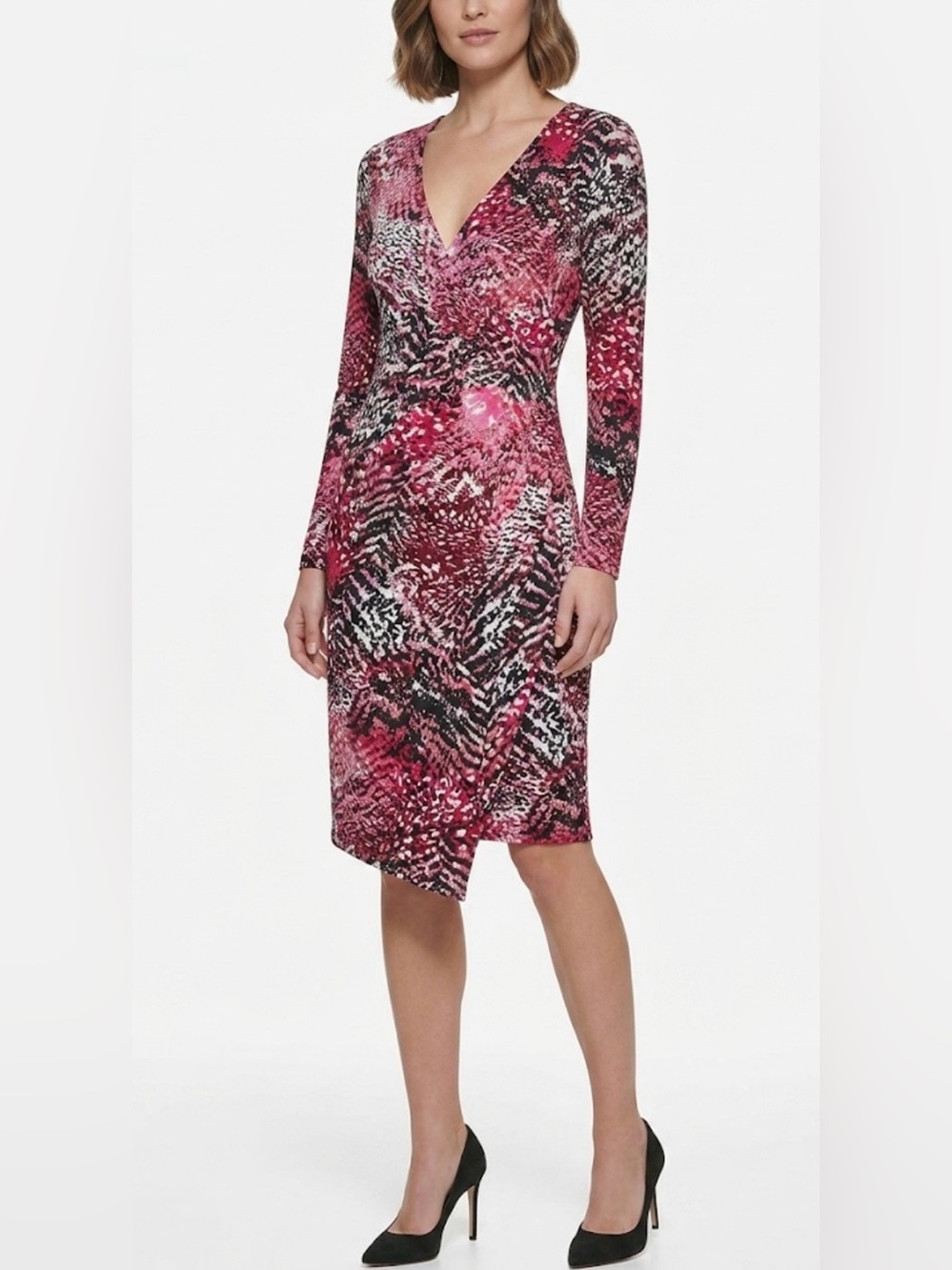 Calvin Klein Pink, Black & White Printed Long-Sleeve Wrap Dress Size 10